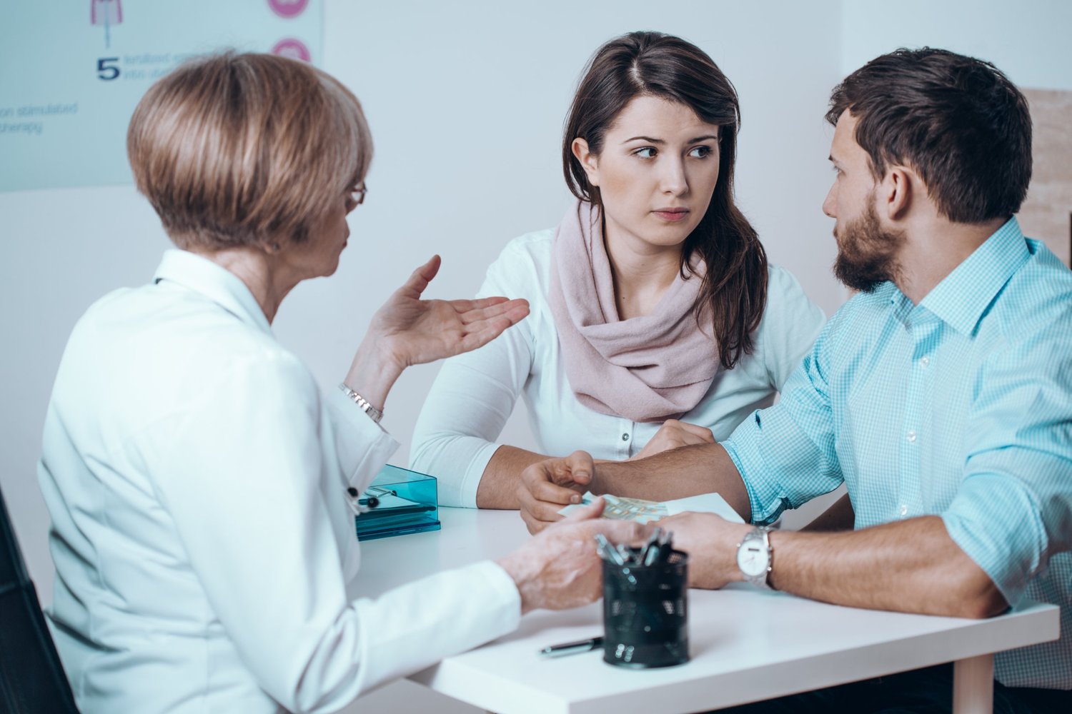 Couple talking to doctor in office